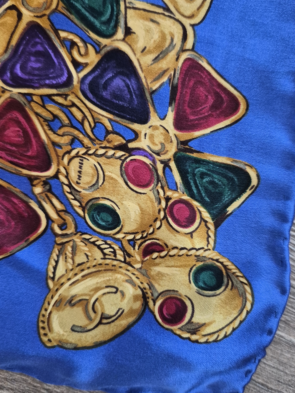 Vintage Chanel Blue Silk Scarf with Jewel Chain Border 33" Made In Italy - Picture 3 of 11